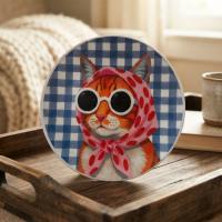 Dekoratif Bakır Tabak - Kedi Temalı Mavi Beyaz Model 010