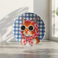 Dekoratif Bakır Tabak - Kedi Temalı Mavi Beyaz Model 010
