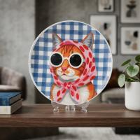 Dekoratif Bakır Tabak - Kedi Temalı Mavi Beyaz Model 010