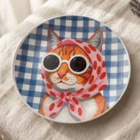 Dekoratif Bakır Tabak - Kedi Temalı Mavi Beyaz Model 010