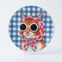 Dekoratif Bakır Tabak - Kedi Temalı Mavi Beyaz Model 010