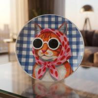 Dekoratif Bakır Tabak - Kedi Temalı Mavi Beyaz Model 010