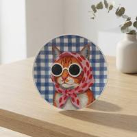 Dekoratif Bakır Tabak - Kedi Temalı Mavi Beyaz Model 010