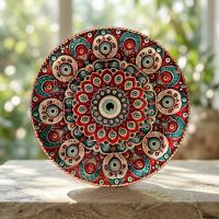 Dekoratif Bakır Tabak - Kırmızı Turkuaz Krem Mandala Model 011