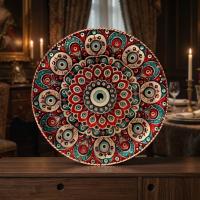 Dekoratif Bakır Tabak - Kırmızı Turkuaz Krem Mandala Model 011