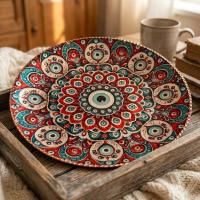 Dekoratif Bakır Tabak - Kırmızı Turkuaz Krem Mandala Model 011