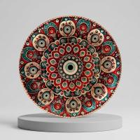 Dekoratif Bakır Tabak - Kırmızı Turkuaz Krem Mandala Model 011