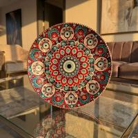 Dekoratif Bakır Tabak - Kırmızı Turkuaz Krem Mandala Model 011