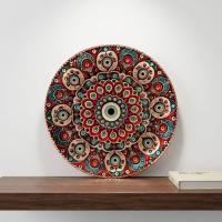 Dekoratif Bakır Tabak - Kırmızı Turkuaz Krem Mandala Model 011