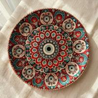Dekoratif Bakır Tabak - Kırmızı Turkuaz Krem Mandala Model 011