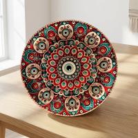 Dekoratif Bakır Tabak - Kırmızı Turkuaz Krem Mandala Model 011