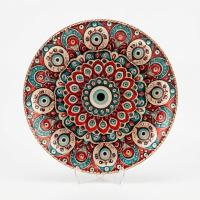 Dekoratif Bakır Tabak - Kırmızı Turkuaz Krem Mandala Model 011