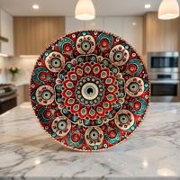 Dekoratif Bakır Tabak - Kırmızı Turkuaz Krem Mandala Model 011