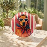 Dekoratif Bakır Tabak - Köpek Temalı Kırmızı Beyaz Model 014