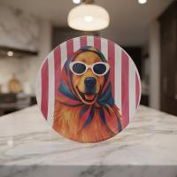 Dekoratif Bakır Tabak - Köpek Temalı Kırmızı Beyaz Model 014