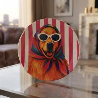 Dekoratif Bakır Tabak - Köpek Temalı Kırmızı Beyaz Model 014