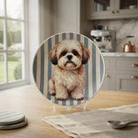 Dekoratif Bakır Tabak - Köpek Temalı Mavi Krem Model 015