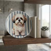 Dekoratif Bakır Tabak - Köpek Temalı Mavi Krem Model 015