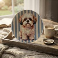 Dekoratif Bakır Tabak - Köpek Temalı Mavi Krem Model 015