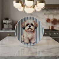 Dekoratif Bakır Tabak - Köpek Temalı Mavi Krem Model 015