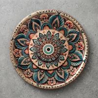 Dekoratif Bakır Tabak - Kırmızı Yeşil Çiçek Desen Model 016