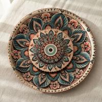 Dekoratif Bakır Tabak - Kırmızı Yeşil Çiçek Desen Model 016