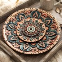 Dekoratif Bakır Tabak - Kırmızı Yeşil Çiçek Desen Model 016