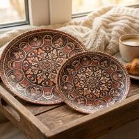 Dekoratif Bakır Tabak - Klasik Kırmızı Krem Çiçek Model 018