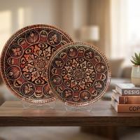 Dekoratif Bakır Tabak - Klasik Kırmızı Krem Çiçek Model 018