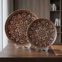 Dekoratif Bakır Tabak - Klasik Kırmızı Krem Çiçek Model 018