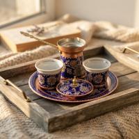 Dekoratif Bakır Tabak - Klasik Mavi Altın Çiçek Model 019