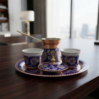 Dekoratif Bakır Tabak - Klasik Mavi Altın Çiçek Model 019