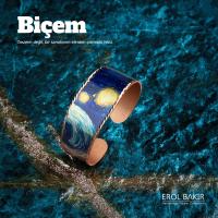 Kadim Mavi Aztek Kilim Desenli Kalın  El Yapımı Bakır Bileklik – Handmade Copper Bracelet