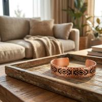Aztek Kilim Desenli El Yapımı İnce Bakır Bileklik - Seri 001
