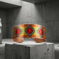 Kilim Bordür Motifli El Yapımı Kalın Bakır Bileklik - Seri 029